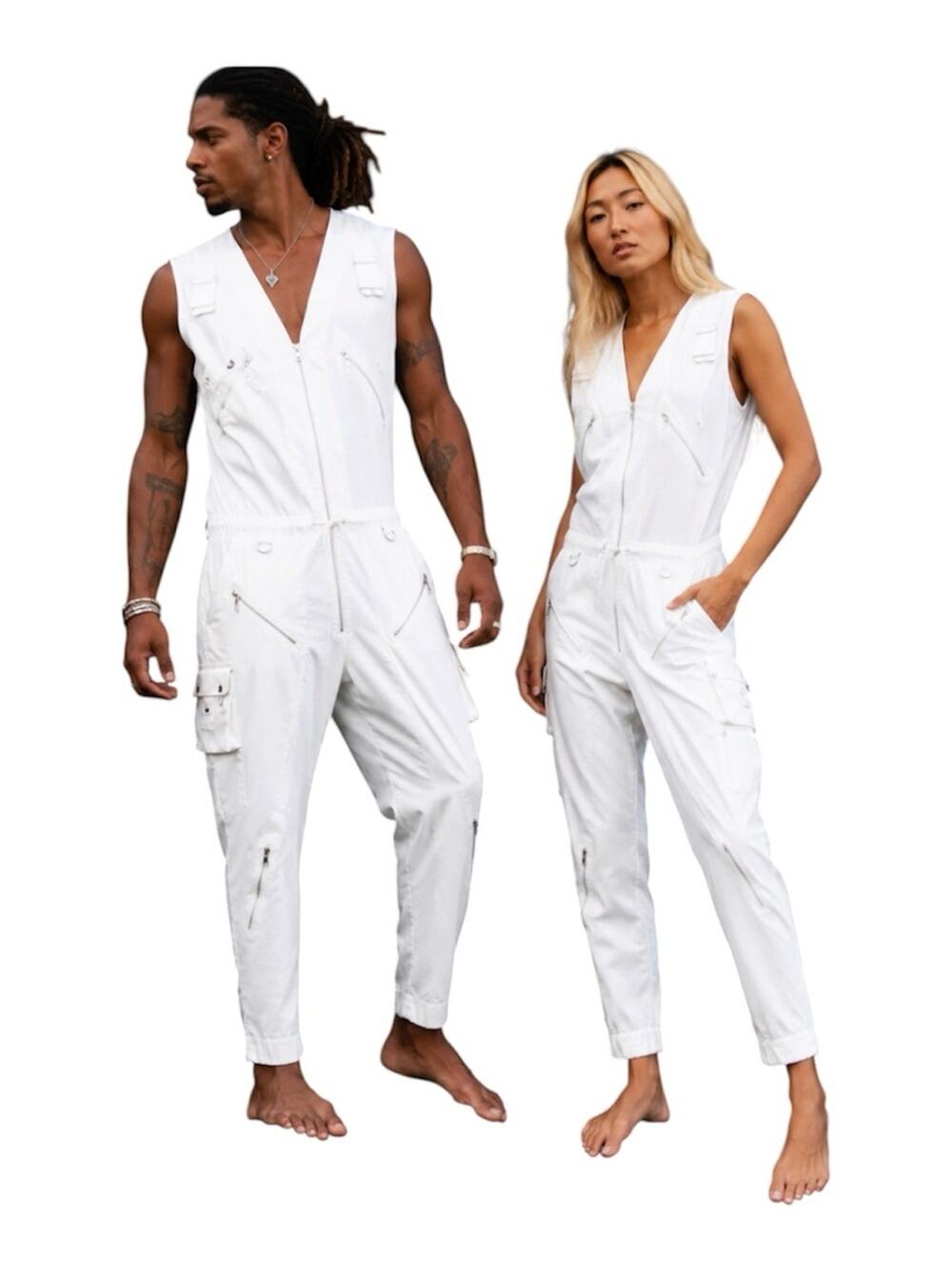 The Unisex Arahant Magi Jumpsuit in white is a sleeveless, drop-crotch design, M